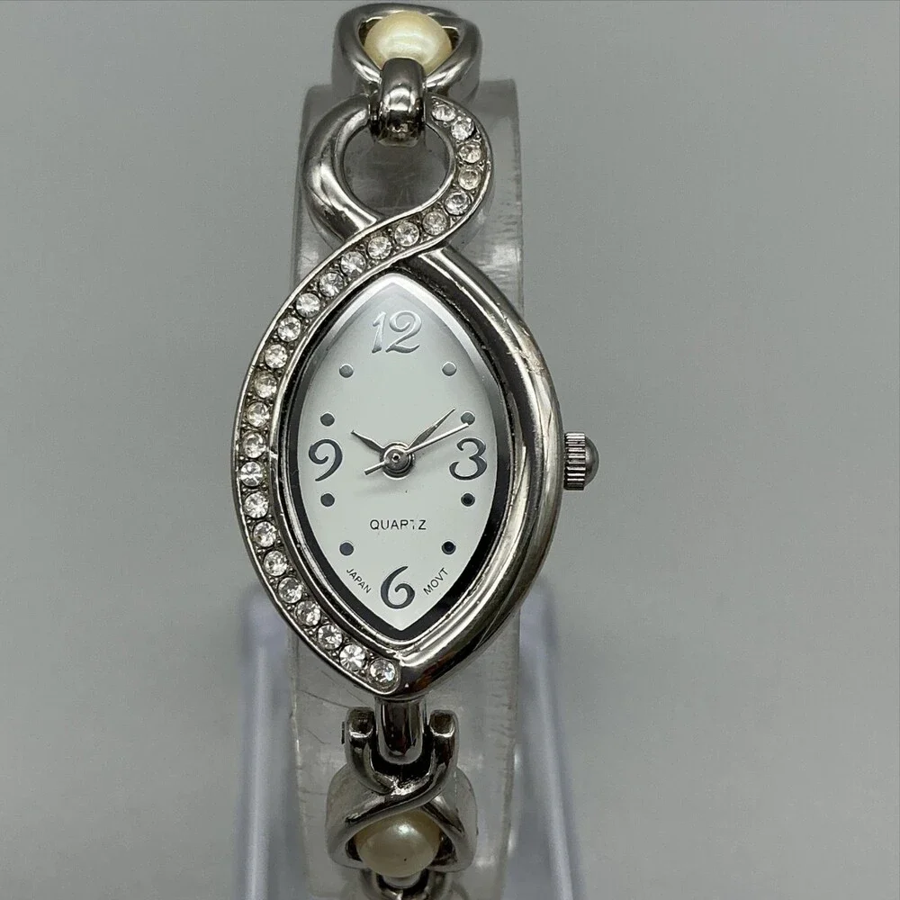 Faux Pearl Band Womens Watch 19mm Oval White Dial Silver Tone New Battery 7.5